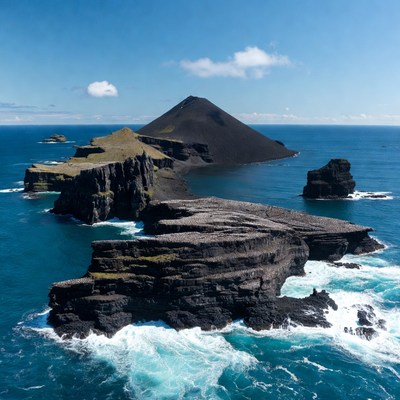 Rocky island coast in bright sunlight