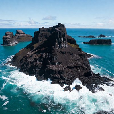 Black volcanic island in ocean waters