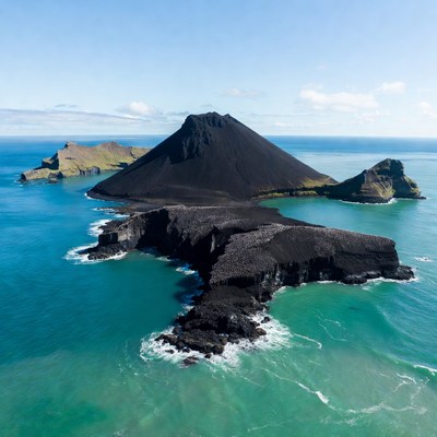 Island landscape with black volcanic cone