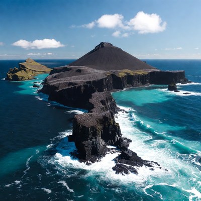 Island with rugged coastline and waves