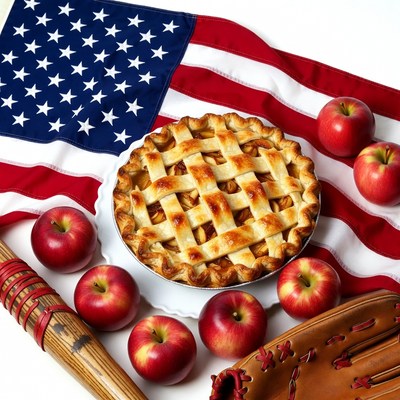 Apple pie and baseball gear on flag