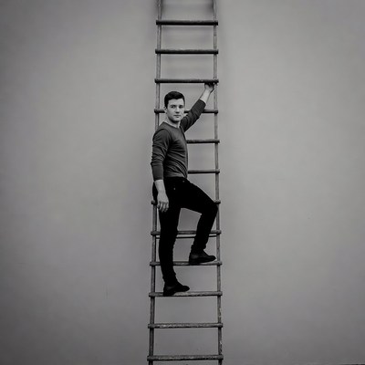 Climbing a ladder toward a wall