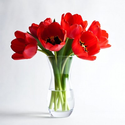 Bright red tulips in clear vase
