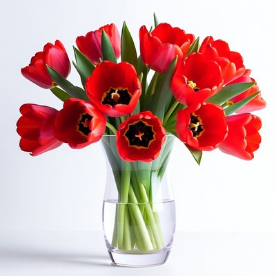 Red tulips in a clear vase