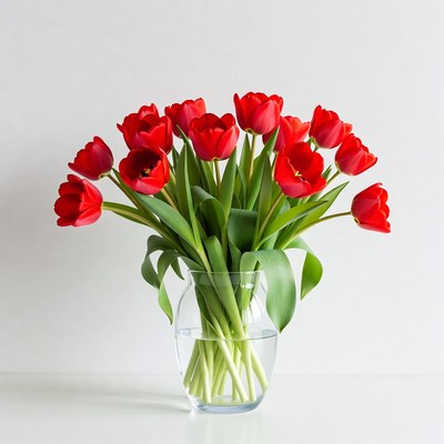 Bright red tulips in clear vase