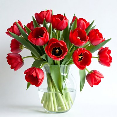 Red tulips in clear vase on table