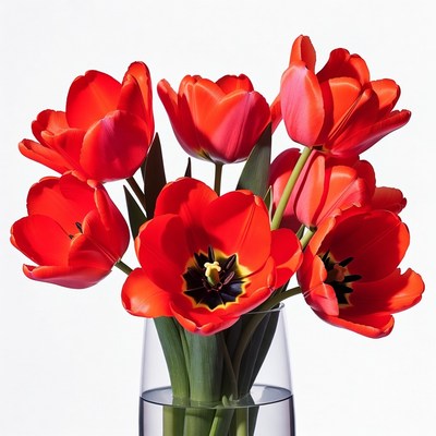 Bright red tulips in a clear vase