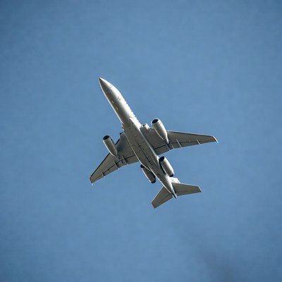 Airplane soaring through blue sky