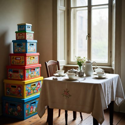 Tea setup with colorful storage boxes