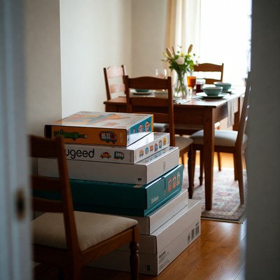 Stacked boxes in a dining area