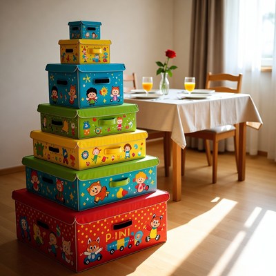 Colorful boxes stacked in a room