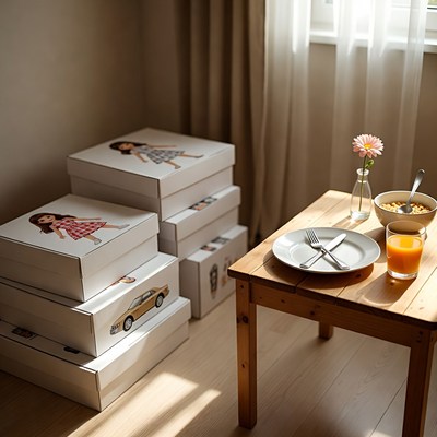 Boxes by a breakfast table
