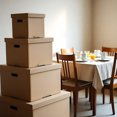 Boxes stacked beside dining area