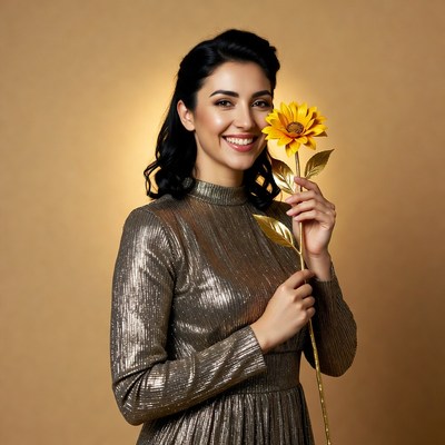 Woman holding flower with smile