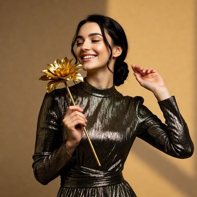 Smiling woman with golden flower