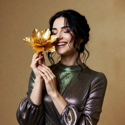 Woman with gold flower smiling