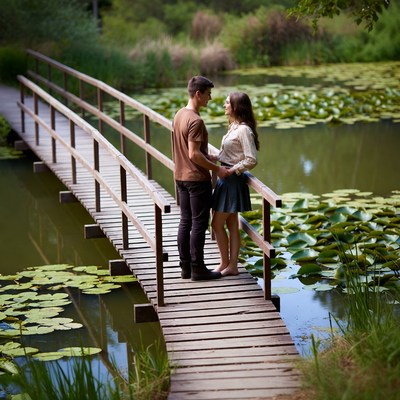 Couple stands on bridge at pond
