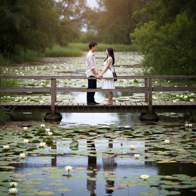 Couple on a bridge in a garden
