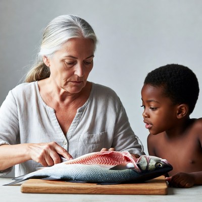 Elderly woman and boy preparing fish together