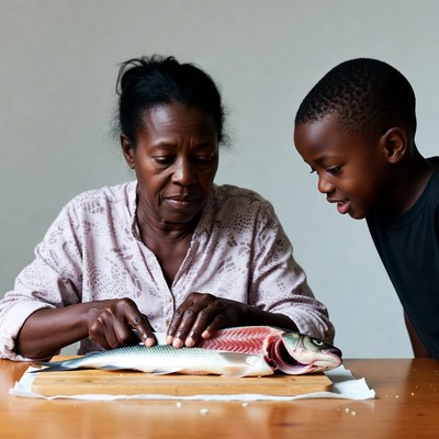 Preparing fish with child in kitchen