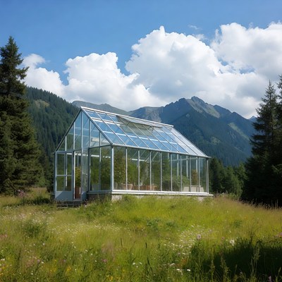 Greenhouse in the mountains on a sunny day