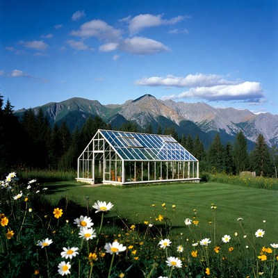 Greenhouse surrounded by mountains and flowers