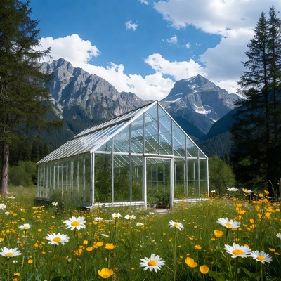 Greenhouse in mountain field