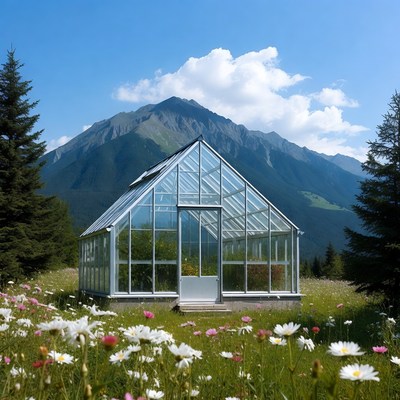 Greenhouse in mountain field