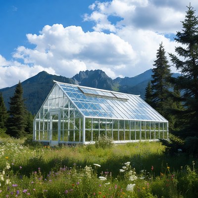 Greenhouse in nature with mountains