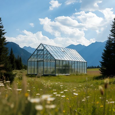 Greenhouse in open field with mountains
