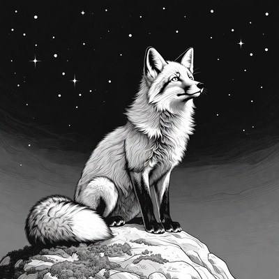 Fox sitting on rock under stars