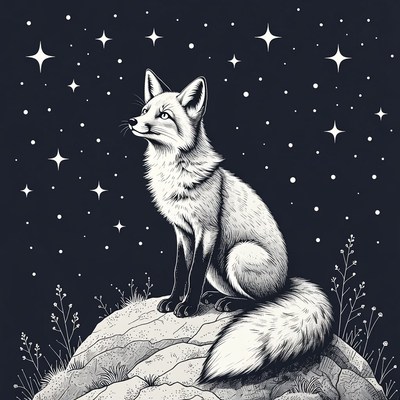 Fox sits on rock under night sky