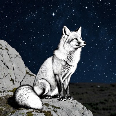Fox sitting on a rock at night