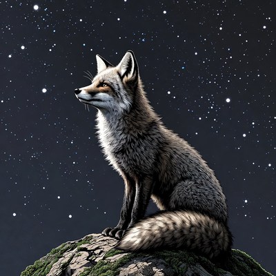Fox under the starry night sky