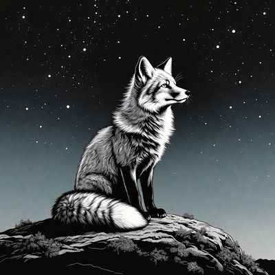 Fox sitting on rock under stars