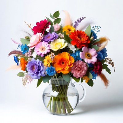 Bright flowers in glass vase on white background