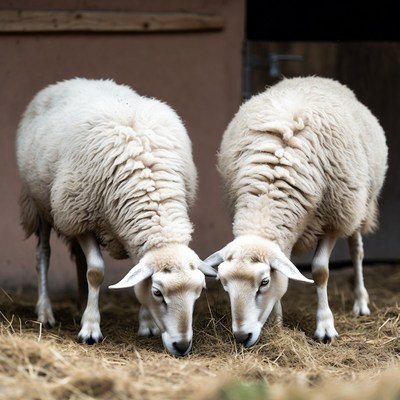 Sheep eating hay in barn