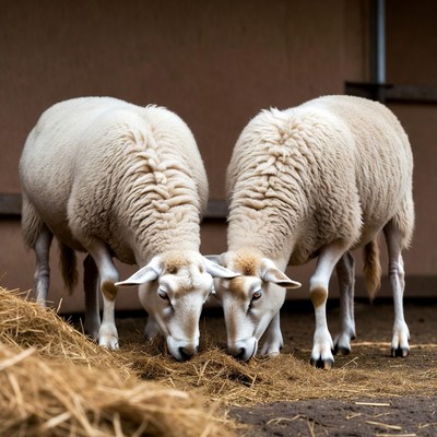 Sheep eating hay in a barn