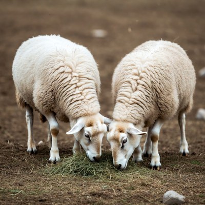Two sheep eating together in a pasture