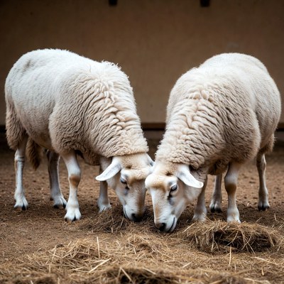 Sheep eating hay in barn