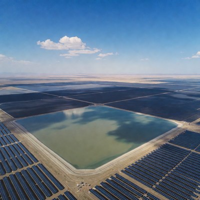 Solar panels near a saltwater pond