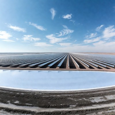 Solar panels in vast landscape under blue sky