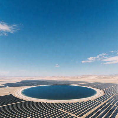 Solar farm with water reservoir in desert