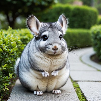 Chinchilla sitting in garden path