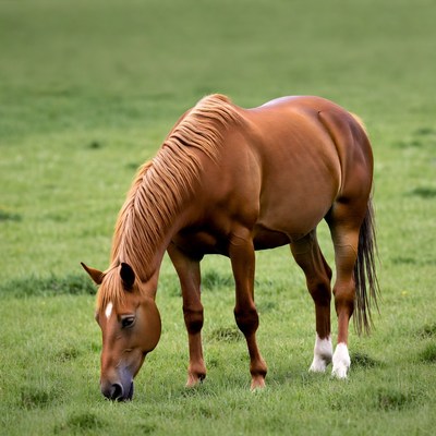 Brown horse grazing on green grass