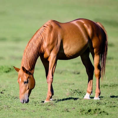 Brown horse grazing in a field