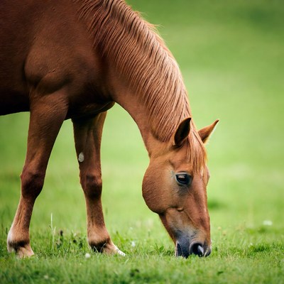 Brown horse grazing in green field