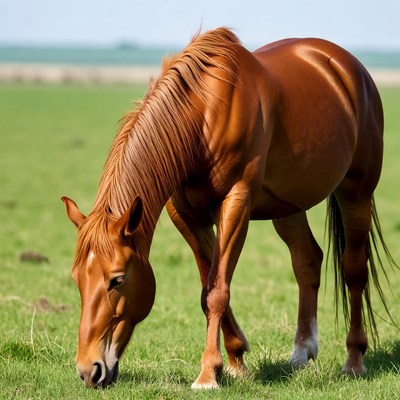 Brown horse grazes in green field