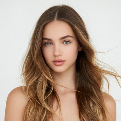 Young woman with long hair poses softly