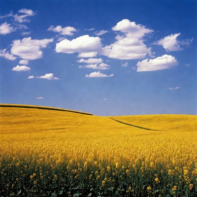 Bright yellow fields under blue sky